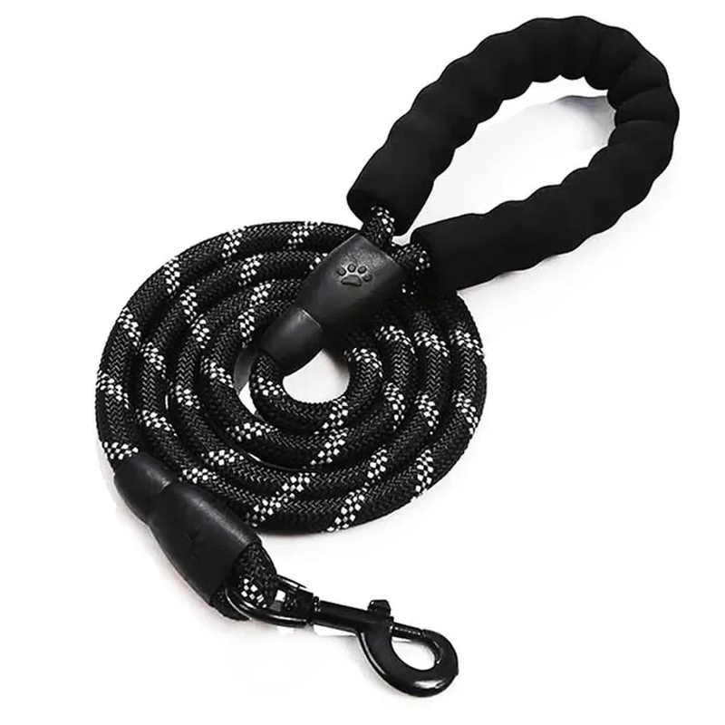 GroundedPup Trail Leash in black — rope-style nylon construction with reflective stitching
