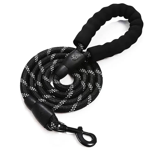 GroundedPup Trail Leash in black — rope-style nylon construction with reflective stitching